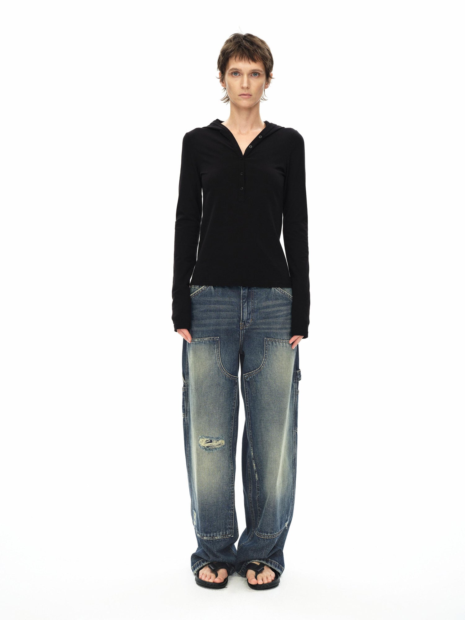 Northbutsouth Knee Rip Distressed Mid Rise Denim Trousers