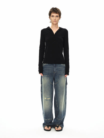 Northbutsouth Knee Rip Distressed Mid Rise Denim Trousers