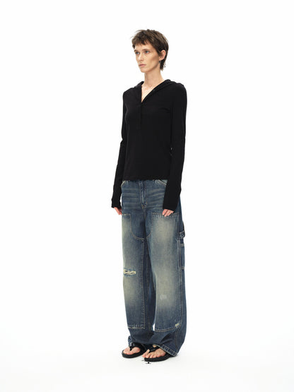 Northbutsouth Knee Rip Distressed Mid Rise Denim Trousers