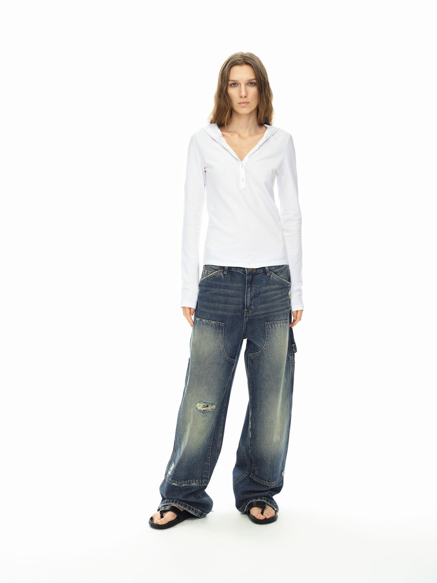Northbutsouth Knee Rip Distressed Mid Rise Denim Trousers