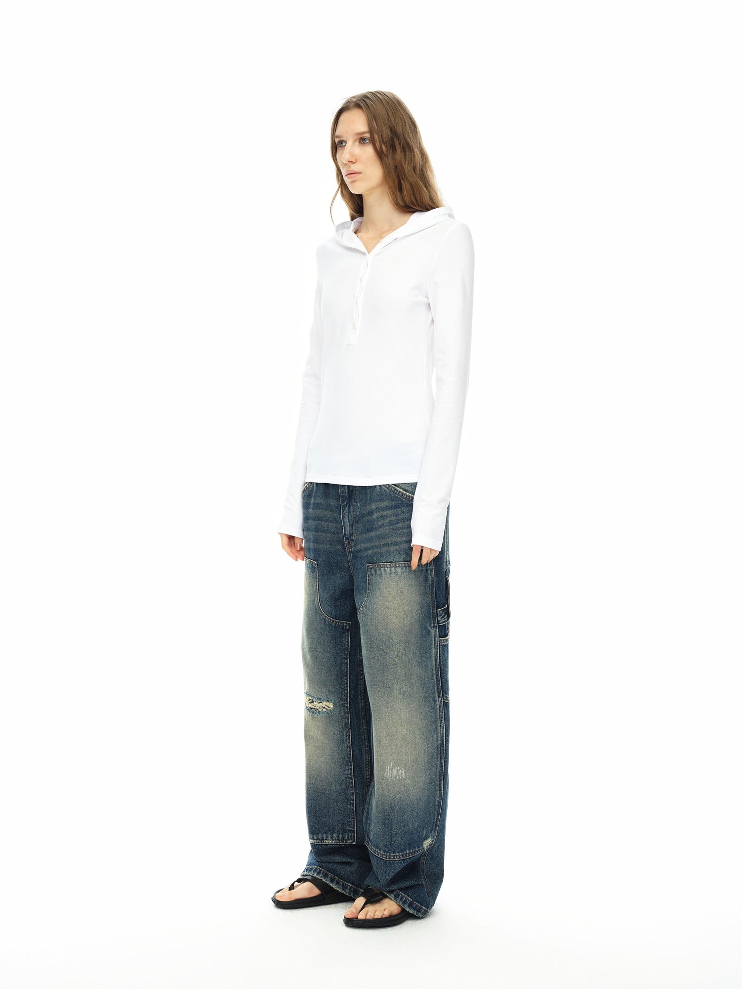Northbutsouth Knee Rip Distressed Mid Rise Denim Trousers