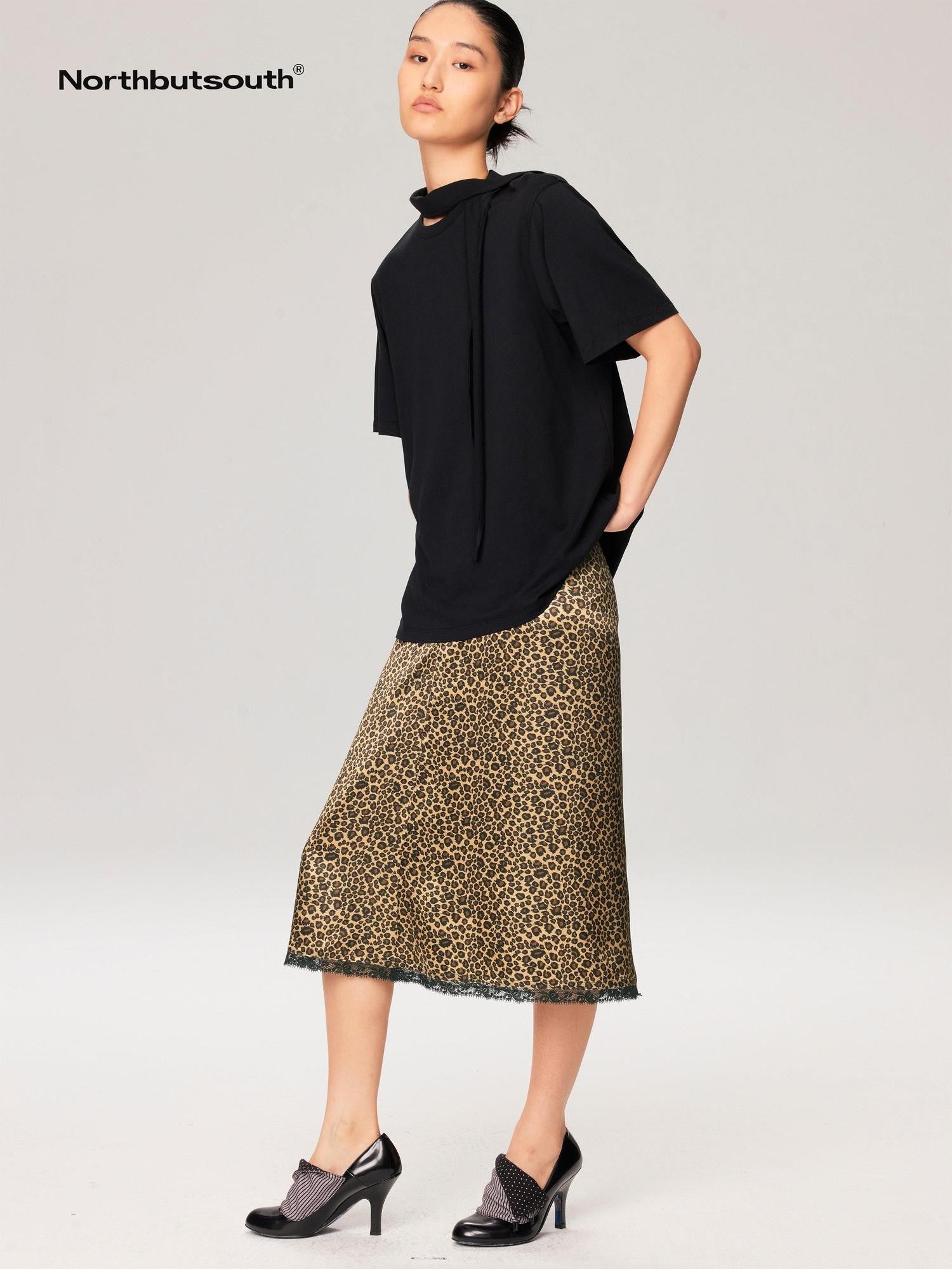 Northbutsouth Leopard Print A Line Spliced Lace Natural Waist Women&