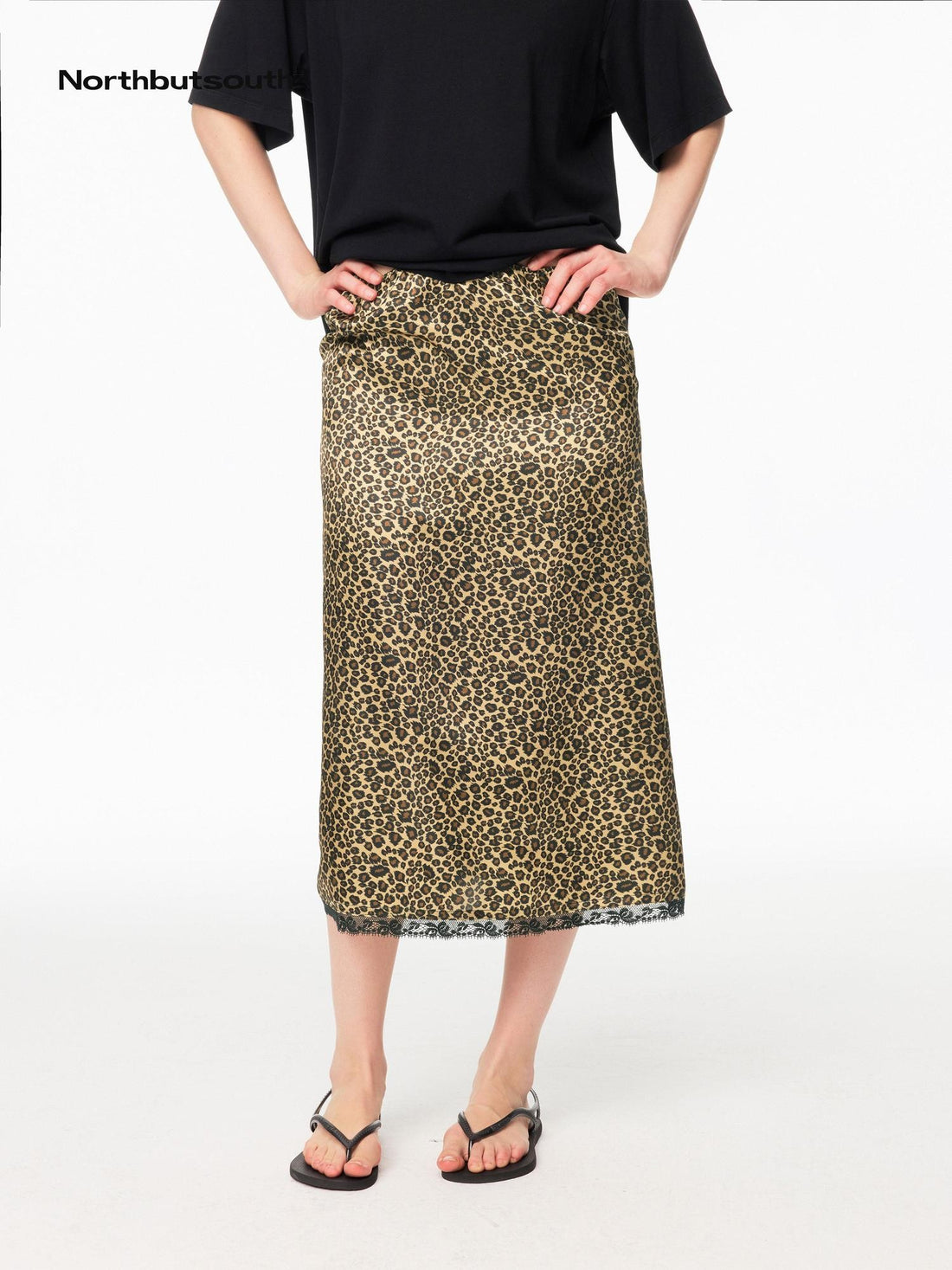 Northbutsouth Leopard Print A Line Spliced Lace Natural Waist Women&