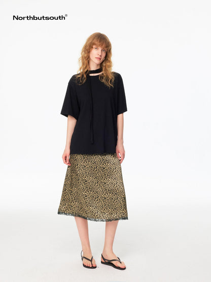 Northbutsouth Leopard Print A Line Spliced Lace Natural Waist Women&