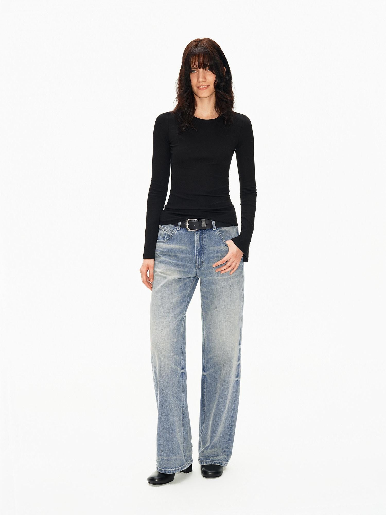 Light Washed Blue Textured Vintage Women&