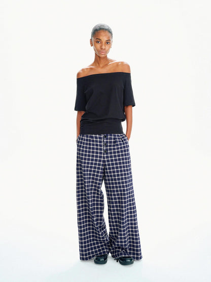 Northbutsouth Loose Fit Checkered Wide-Leg Mid-Rise Casual Pants