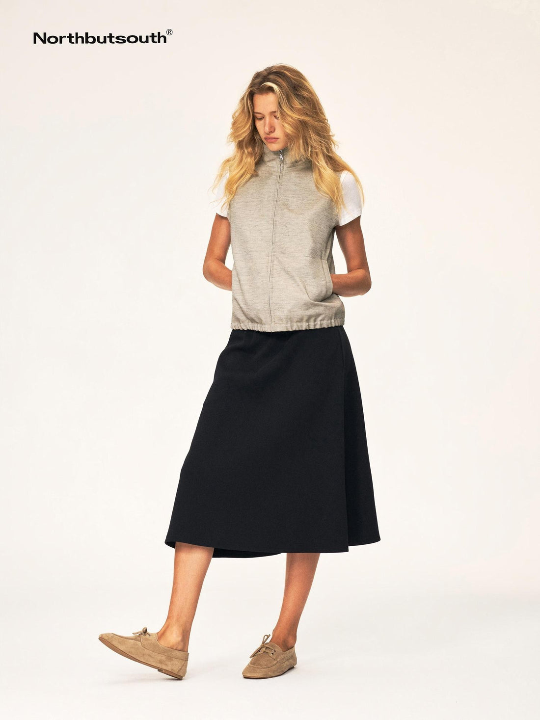 Northbutsouth Loose Fit Stand Collar Elastic Hem Cotton Linen Women&