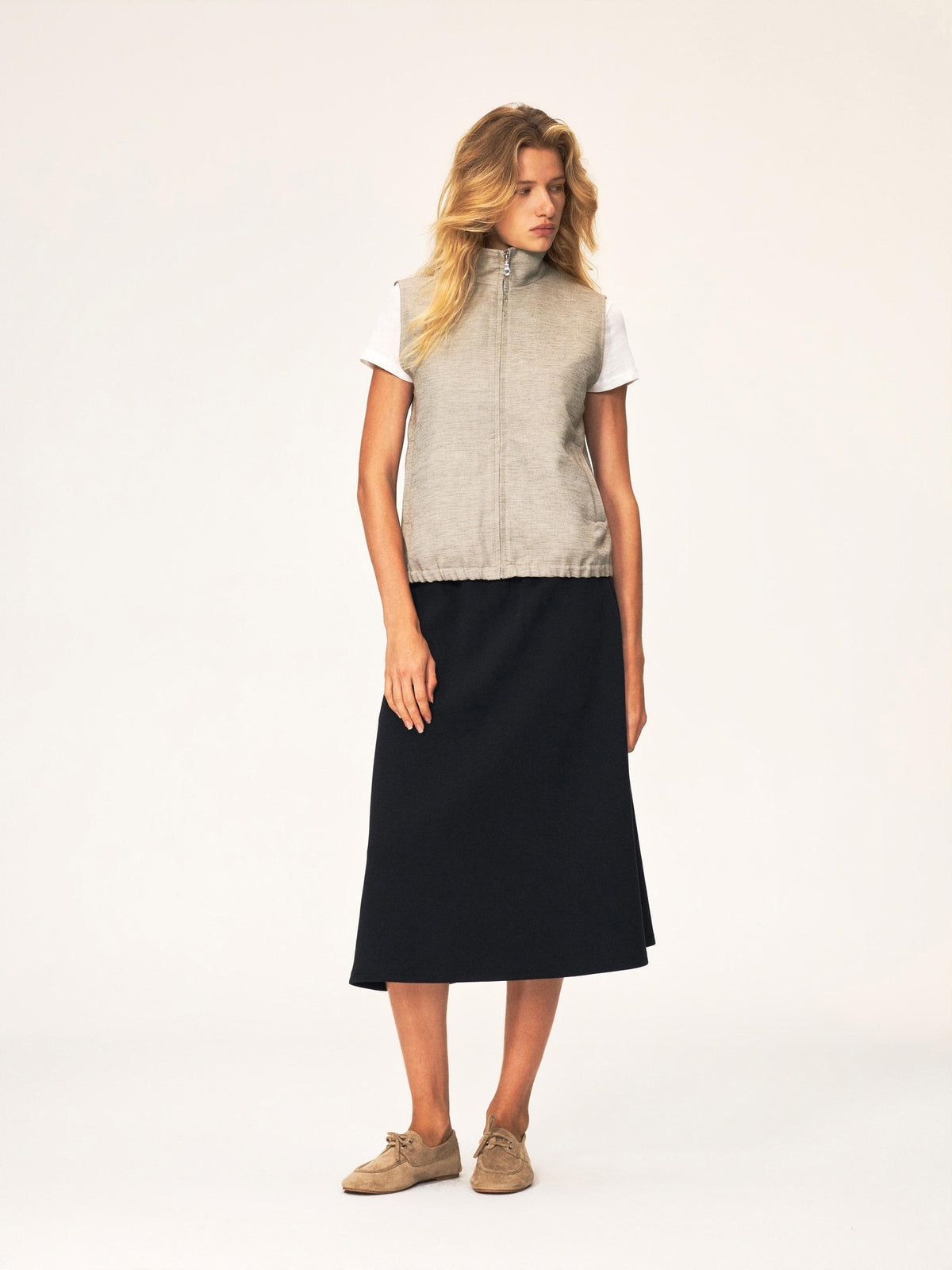 Northbutsouth Loose Fit Stand Collar Elastic Hem Cotton Linen Women&