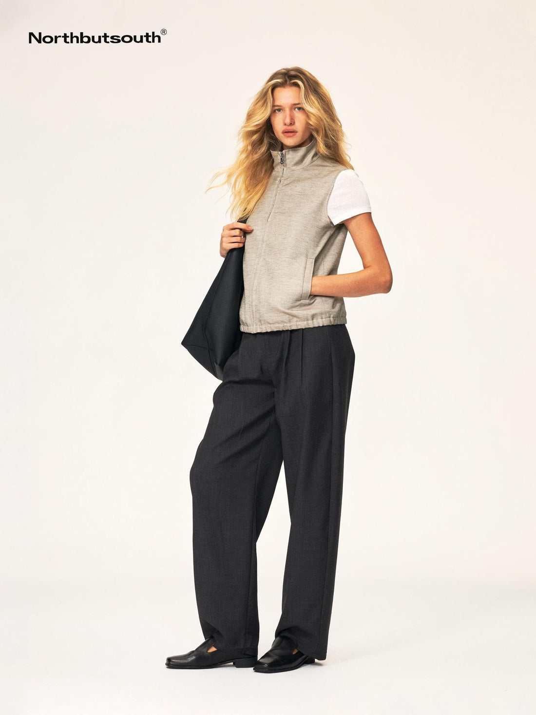 Northbutsouth Loose Fit Stand Collar Elastic Hem Cotton Linen Women&