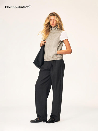 Northbutsouth Loose Fit Stand Collar Elastic Hem Cotton Linen Women&