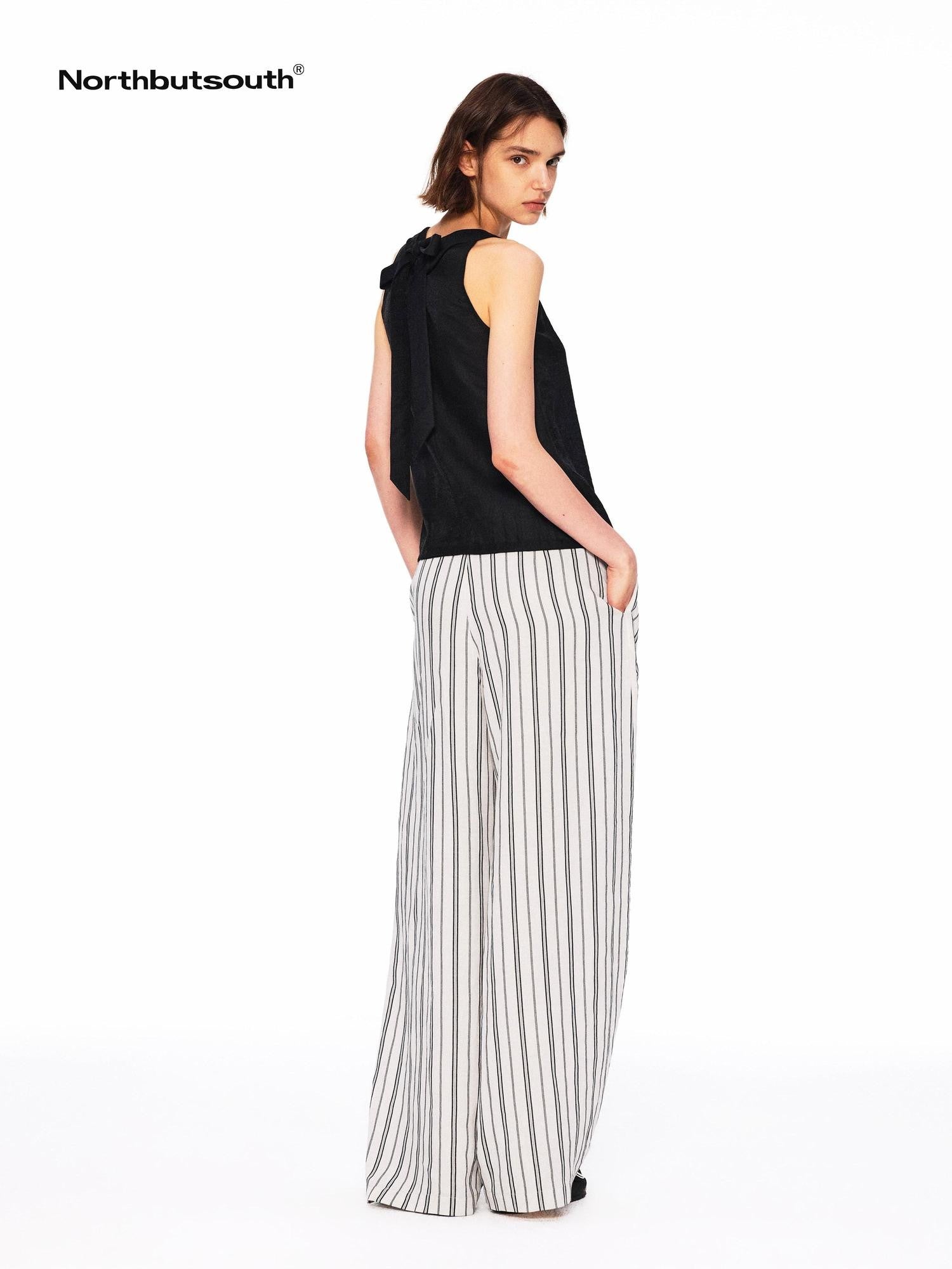 Northbutsouth Lustrous Ruched Back Tie Small V-neck Lightweight Women&