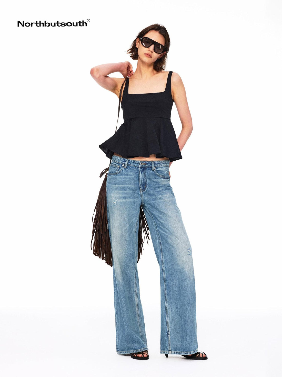 Northbutsouth Micro Wrinkle Texture Ruffle Square Neck Women&