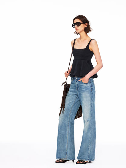 Northbutsouth Micro Wrinkle Texture Ruffle Square Neck Women&