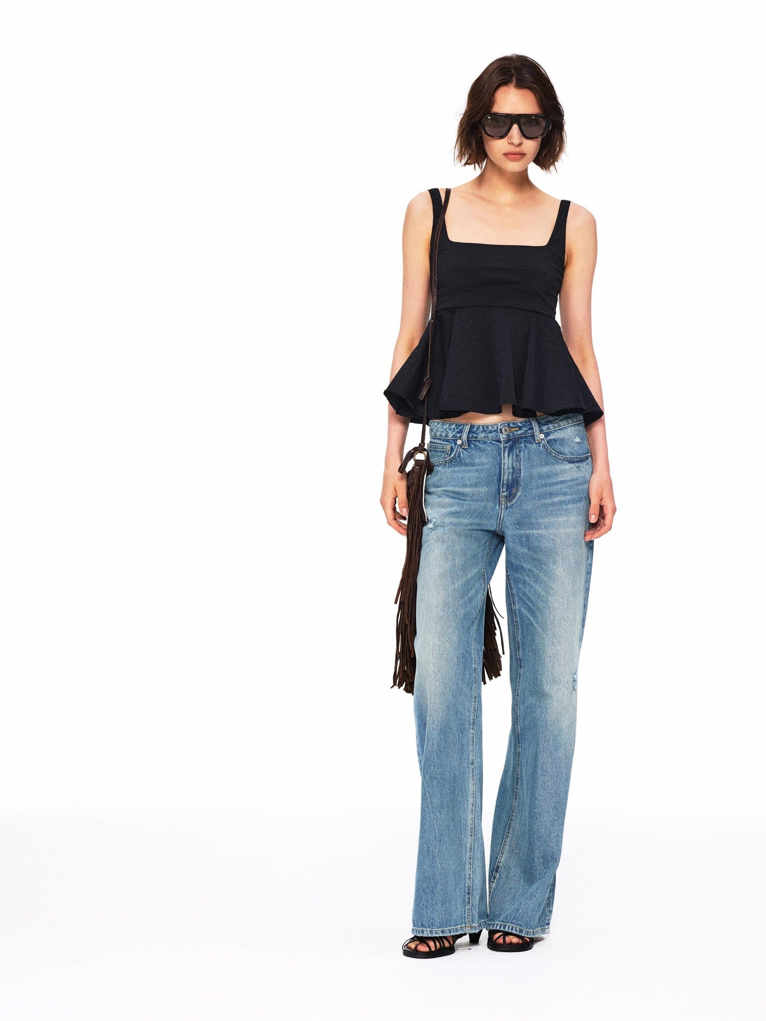 Northbutsouth Micro Wrinkle Texture Ruffle Square Neck Women&