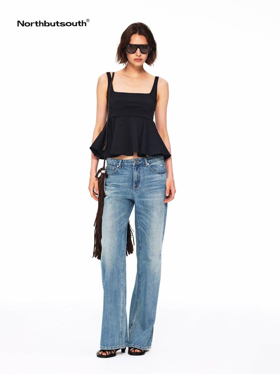 Northbutsouth Micro Wrinkle Texture Ruffle Square Neck Women&