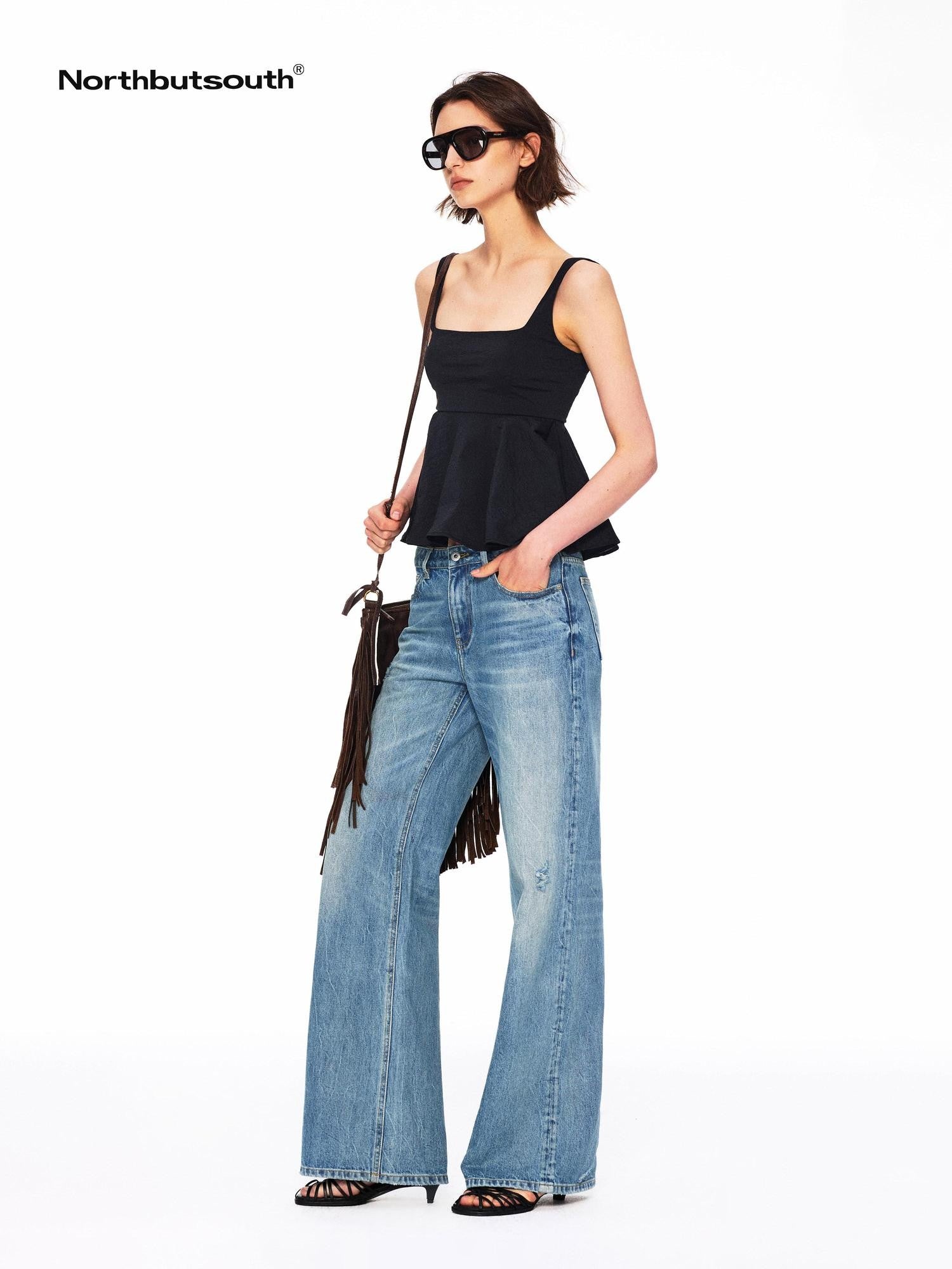 Northbutsouth Micro Wrinkle Texture Ruffle Square Neck Women&