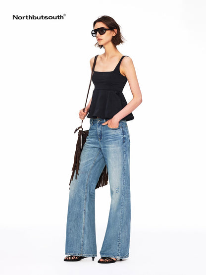 Northbutsouth Micro Wrinkle Texture Ruffle Square Neck Women&