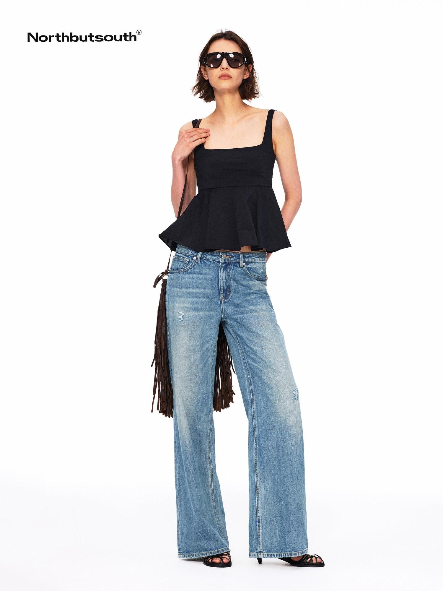 Northbutsouth Micro Wrinkle Texture Ruffle Square Neck Women&