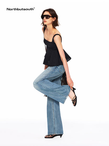 Northbutsouth Micro Wrinkle Texture Ruffle Square Neck Women&