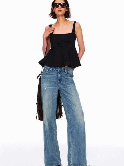 Northbutsouth Micro Wrinkle Texture Ruffle Square Neck Women&