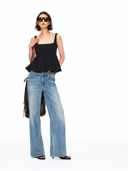 Northbutsouth Micro Wrinkle Texture Ruffle Square Neck Women&