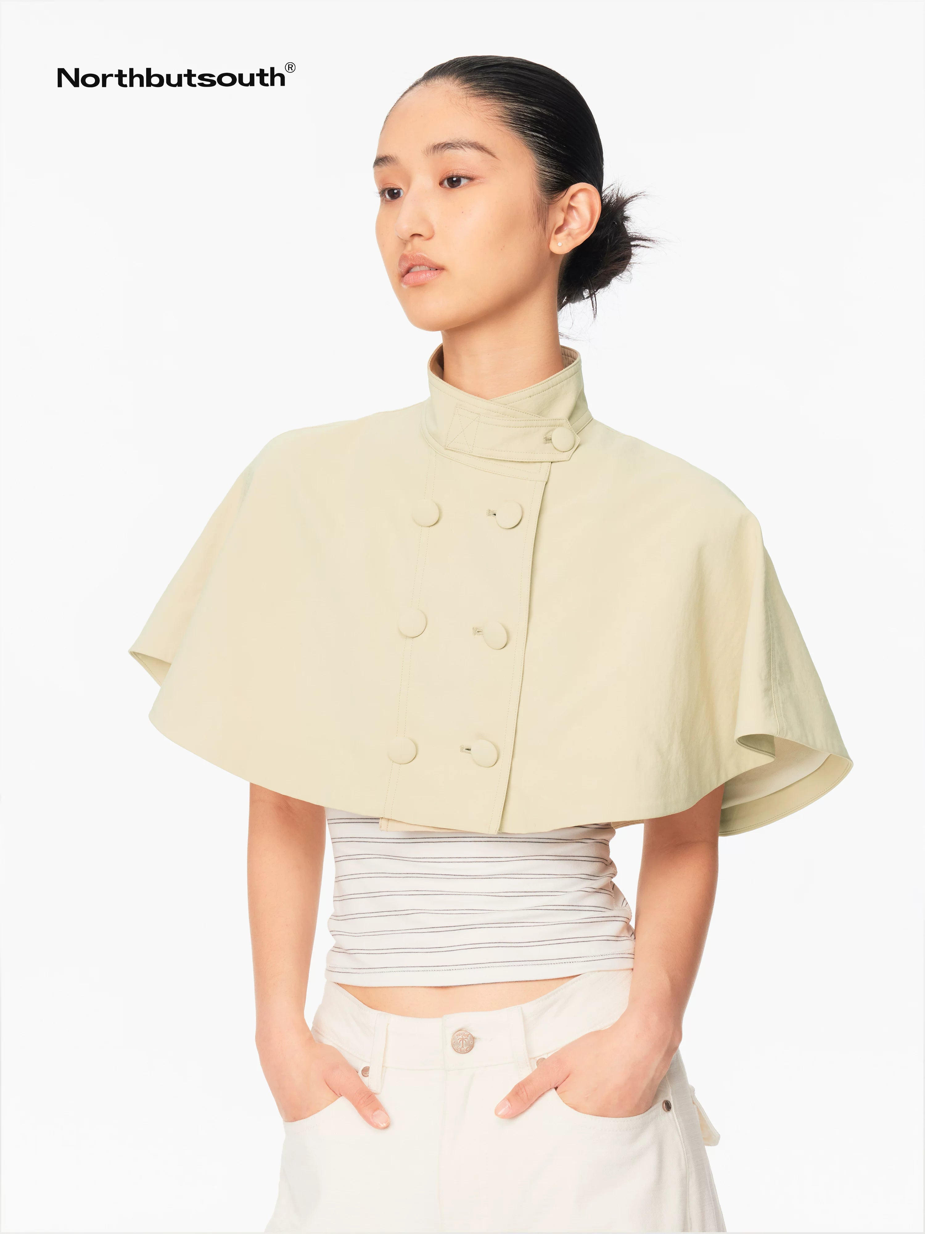 Northbutsouth Mini Cape Double Breasted Small Stand Collar Women&