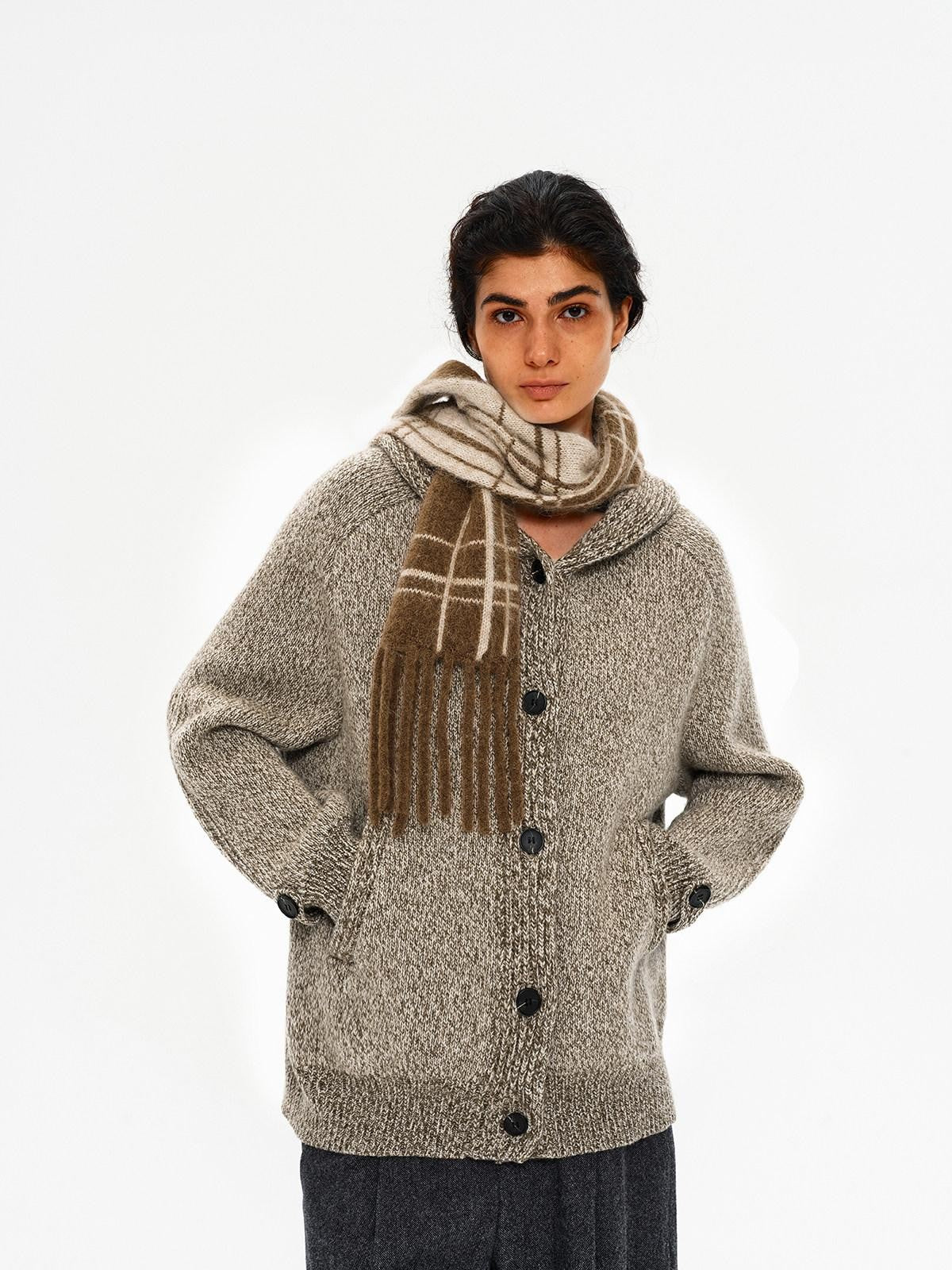 Northbutsouth Mixed Yarn Wide Placket Button Straight Hooded Women&
