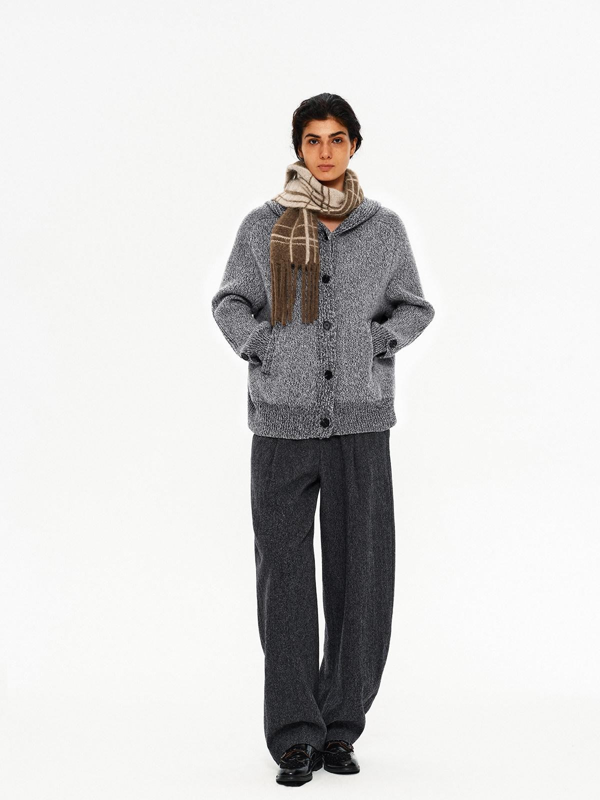 Northbutsouth Mixed Yarn Wide Placket Button Straight Hooded Women&