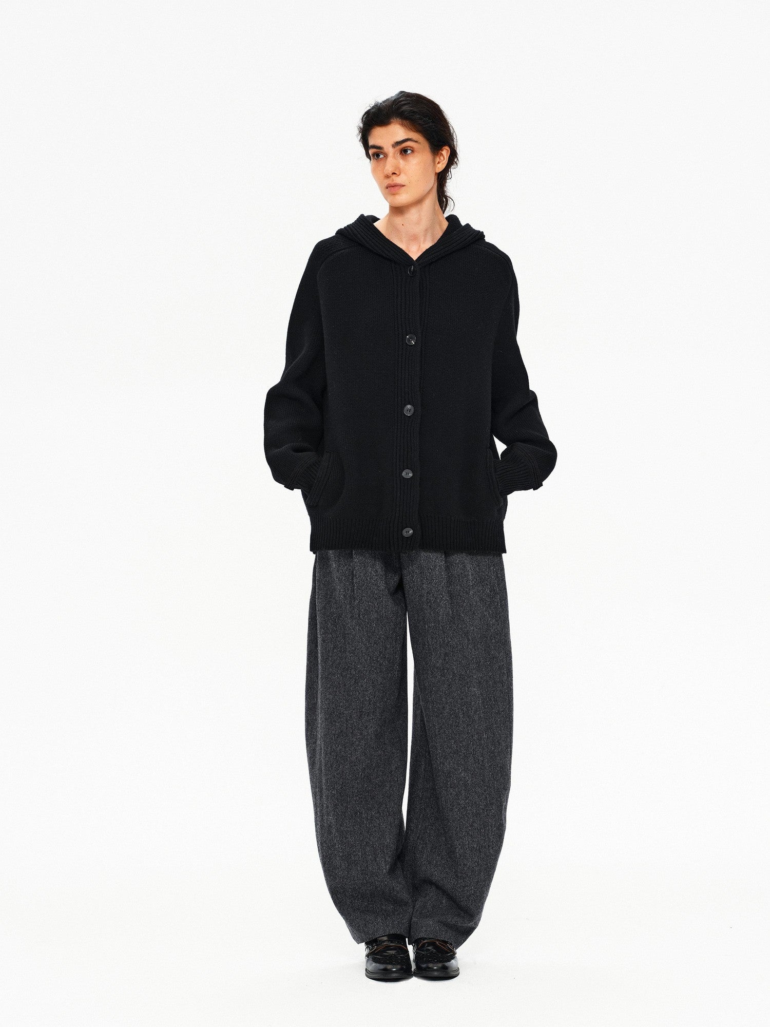 Northbutsouth Mixed Yarn Wide Placket Button Straight Hooded Women&