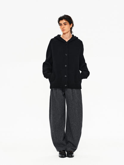 Northbutsouth Mixed Yarn Wide Placket Button Straight Hooded Women&
