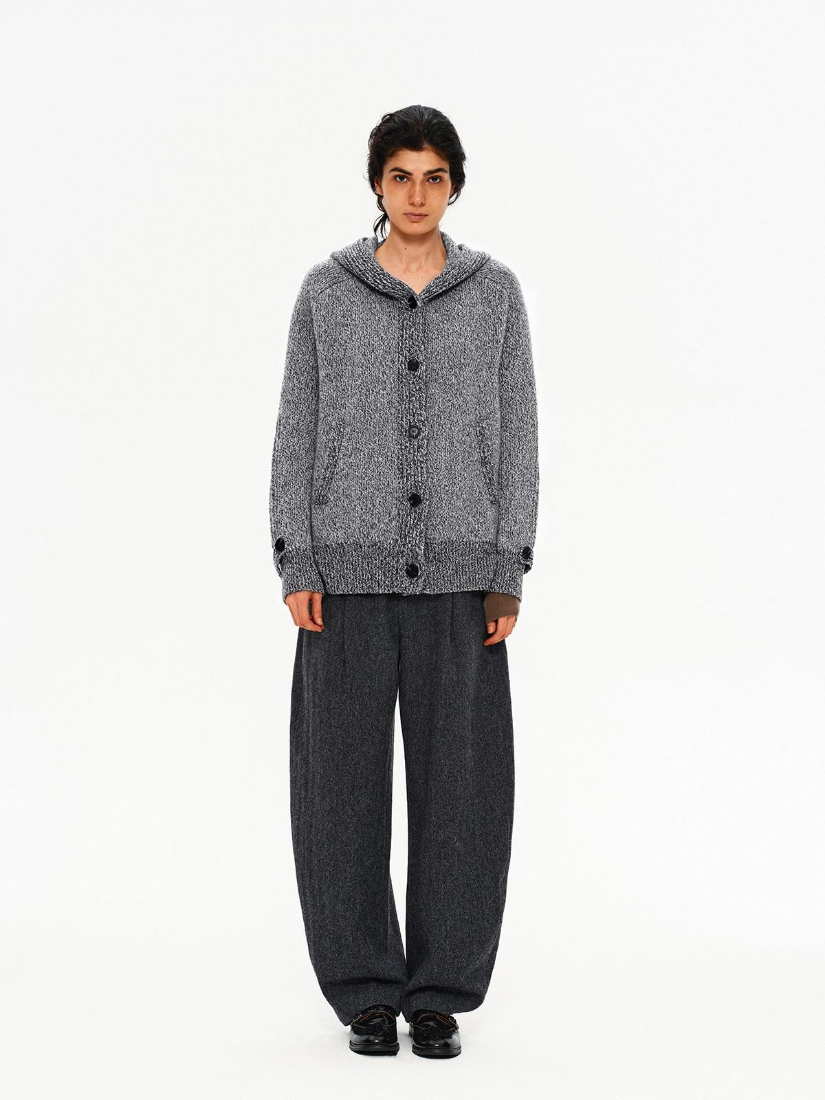 Northbutsouth Mixed Yarn Wide Placket Button Straight Hooded Women&