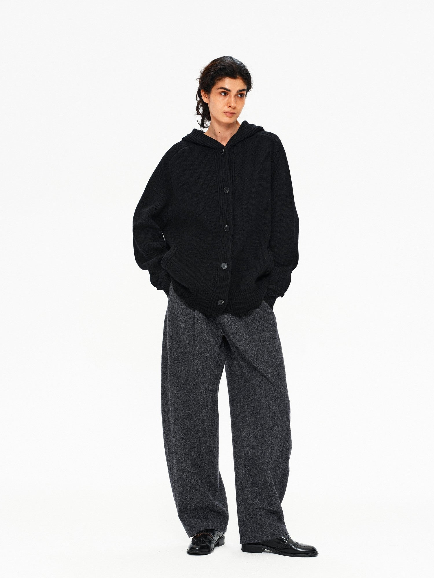 Northbutsouth Mixed Yarn Wide Placket Button Straight Hooded Women&