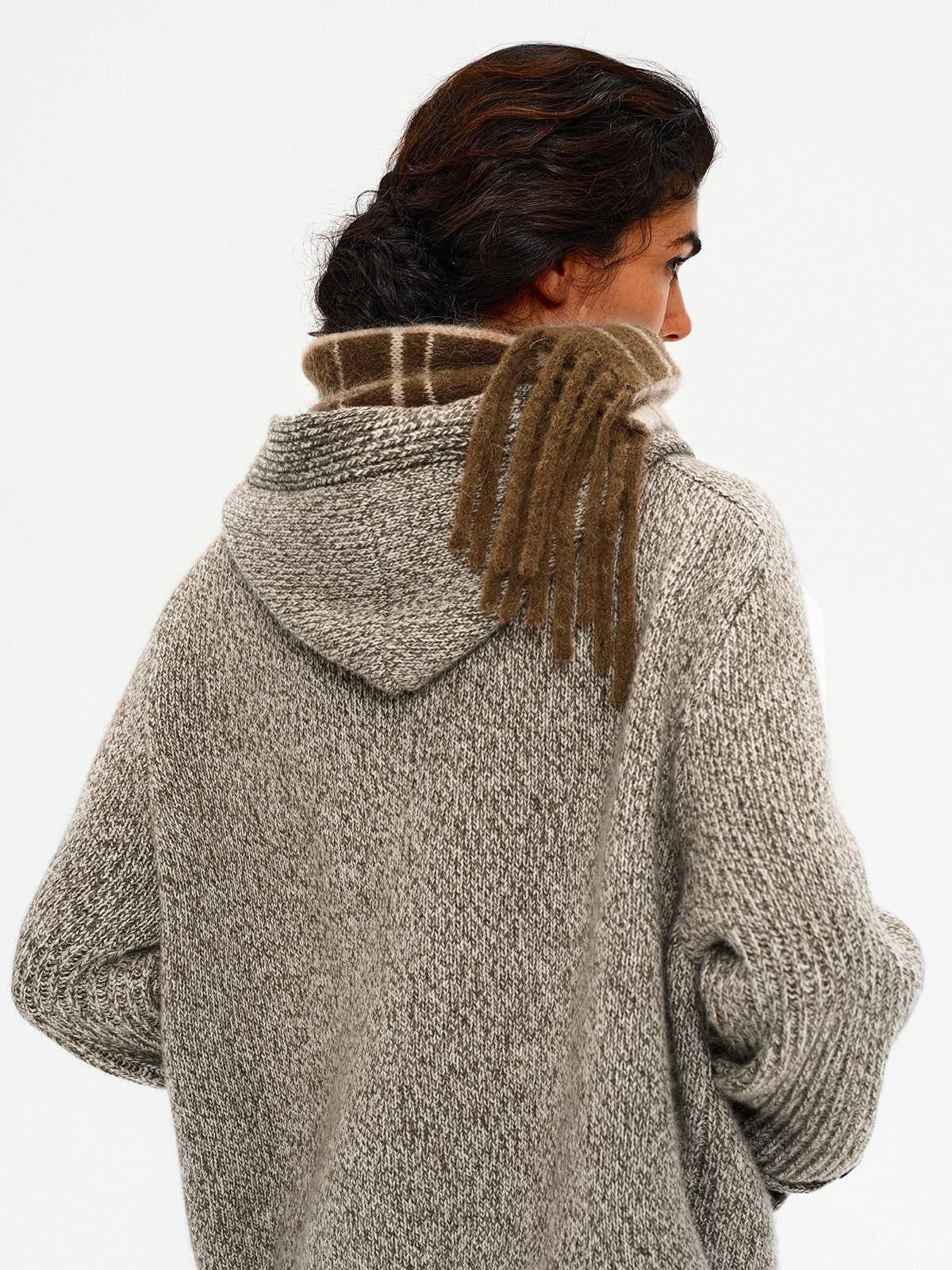 Northbutsouth Mixed Yarn Wide Placket Button Straight Hooded Women&