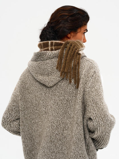 Northbutsouth Mixed Yarn Wide Placket Button Straight Hooded Women&