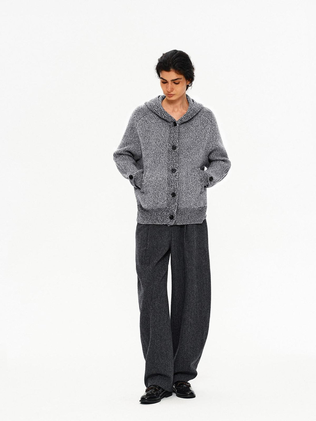 Northbutsouth Mixed Yarn Wide Placket Button Straight Hooded Women&