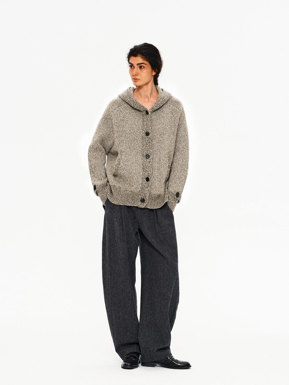 Northbutsouth Mixed Yarn Wide Placket Button Straight Hooded Women&