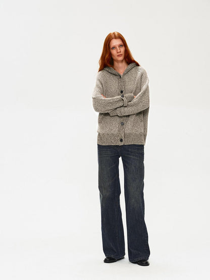Northbutsouth Mixed Yarn Wide Placket Button Straight Hooded Women&