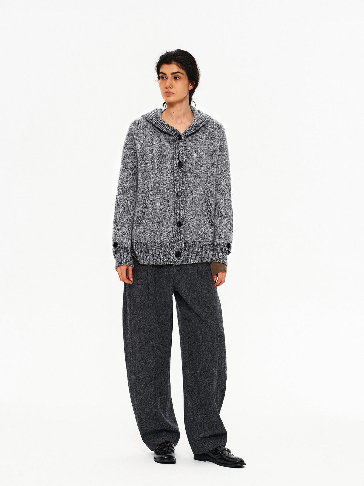Northbutsouth Mixed Yarn Wide Placket Button Straight Hooded Women&