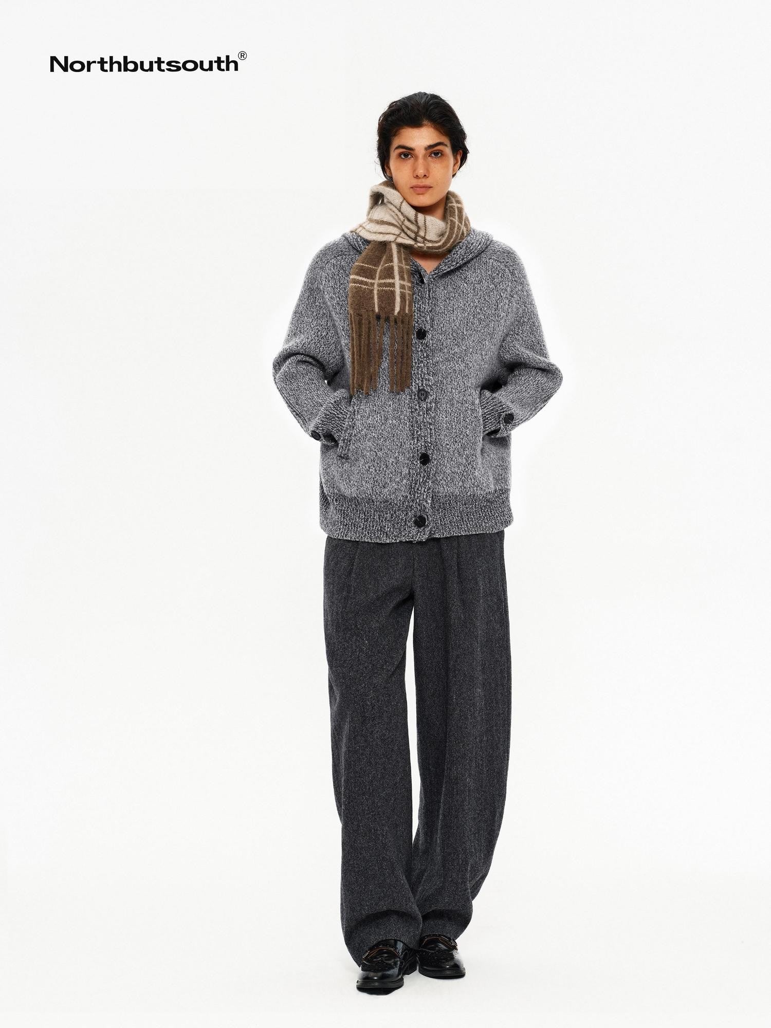 Northbutsouth Mixed Yarn Wide Placket Button Straight Hooded Women&