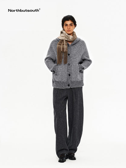 Northbutsouth Mixed Yarn Wide Placket Button Straight Hooded Women&