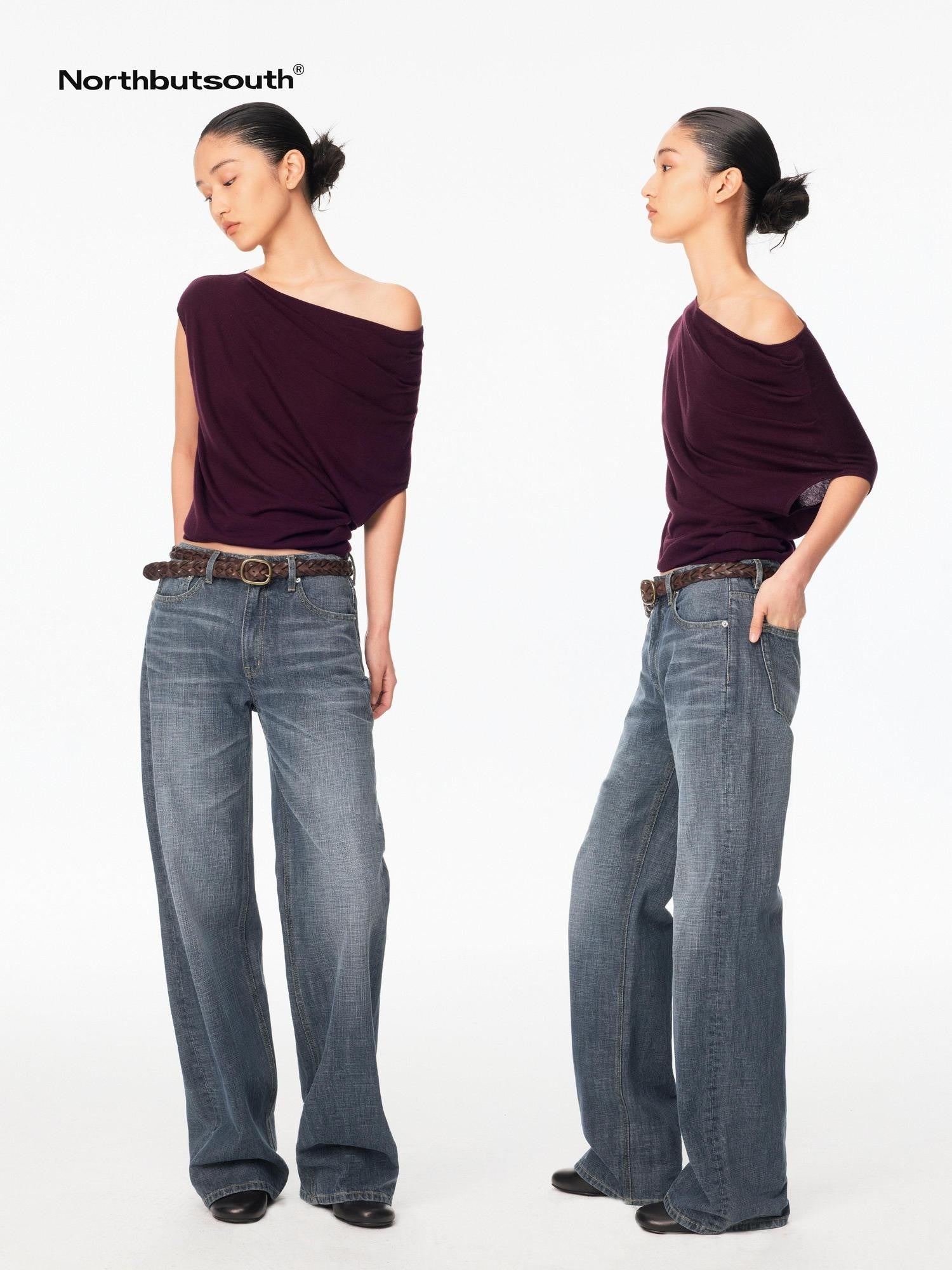 Northbutsouth Multicolor Knit Gathered Slanted Neck Women&