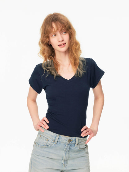 Multicolor V-neck Raw Edge Slim Women&