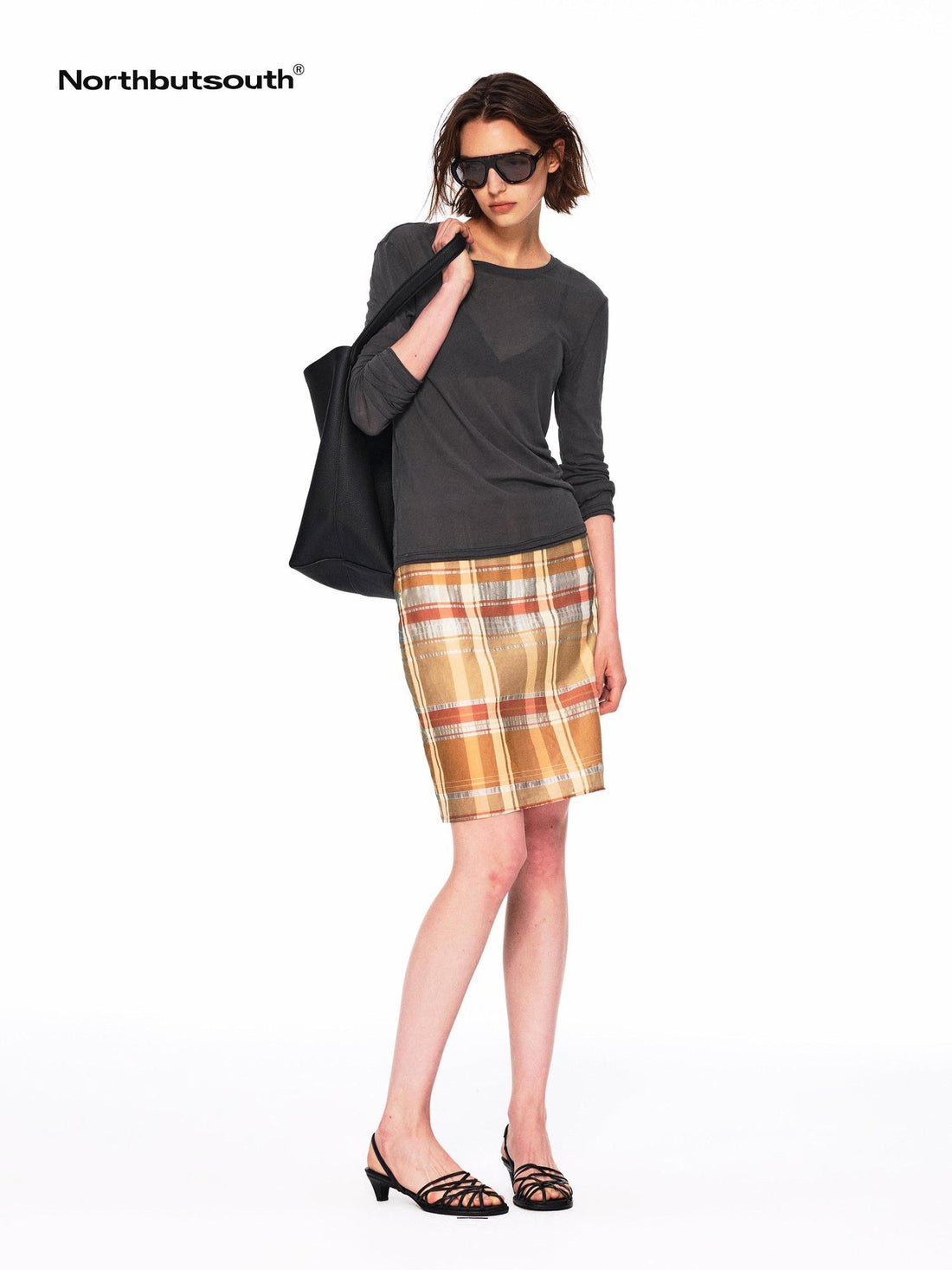 Northbutsouth Orange Plaid No Waistband H Line Cotton Silk Blend Women&