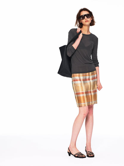 Northbutsouth Orange Plaid No Waistband H Line Cotton Silk Blend Women&