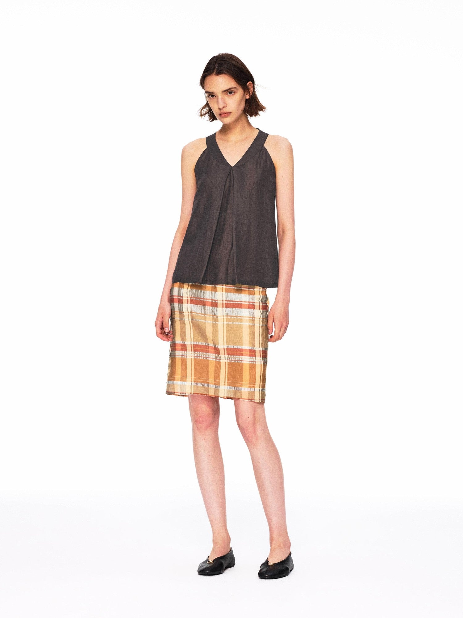 Northbutsouth Orange Plaid No Waistband H Line Cotton Silk Blend Women&