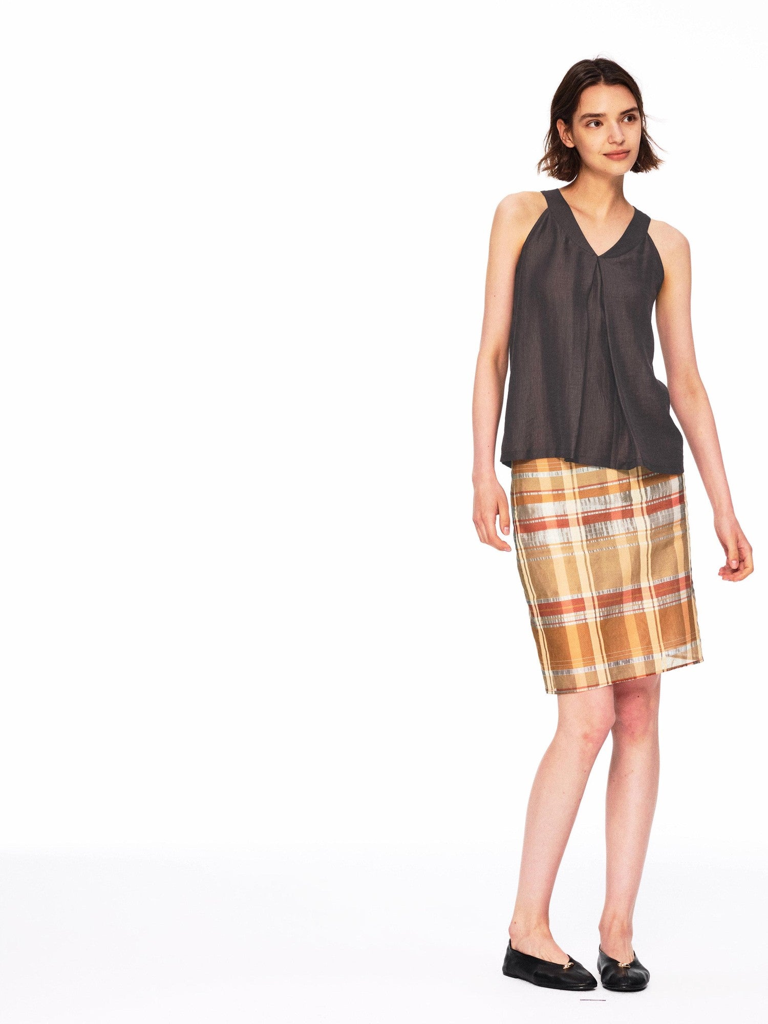 Northbutsouth Orange Plaid No Waistband H Line Cotton Silk Blend Women&