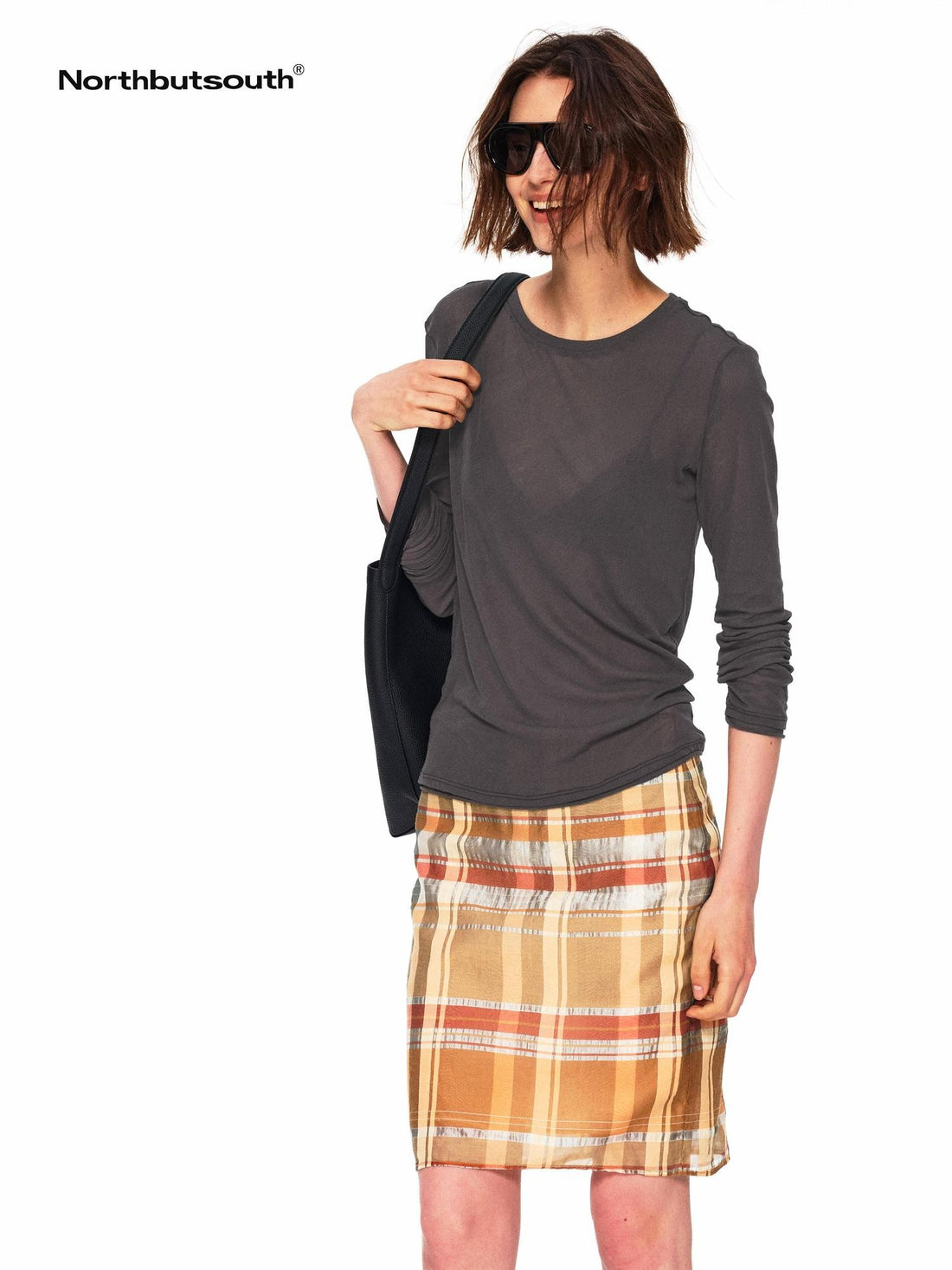 Northbutsouth Orange Plaid No Waistband H Line Cotton Silk Blend Women&