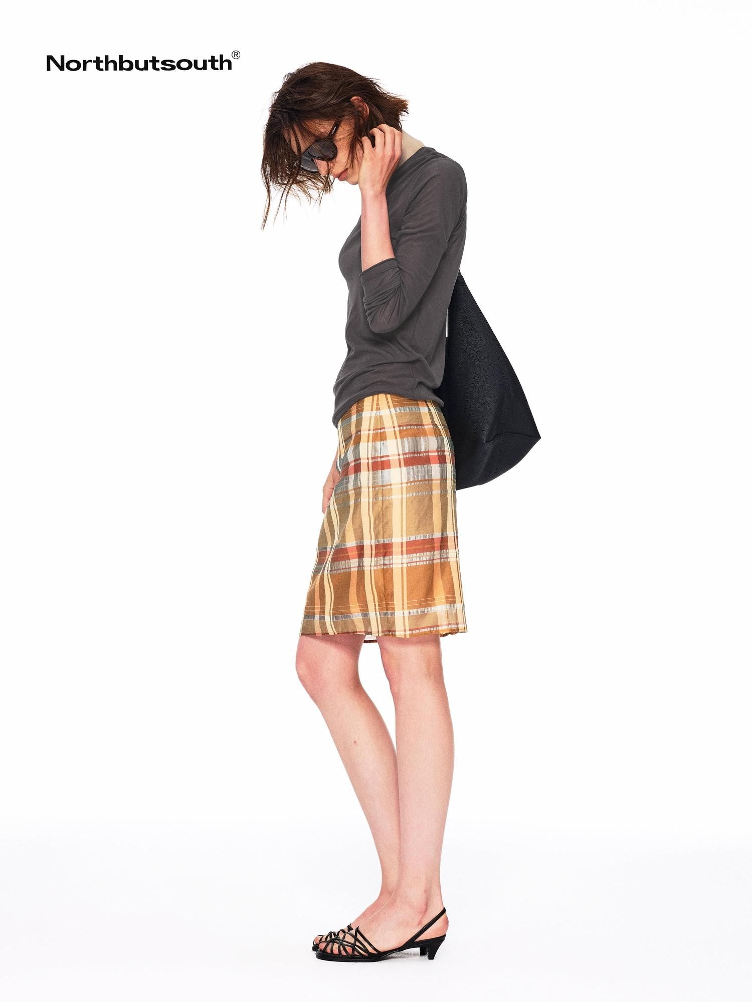 Northbutsouth Orange Plaid No Waistband H Line Cotton Silk Blend Women&