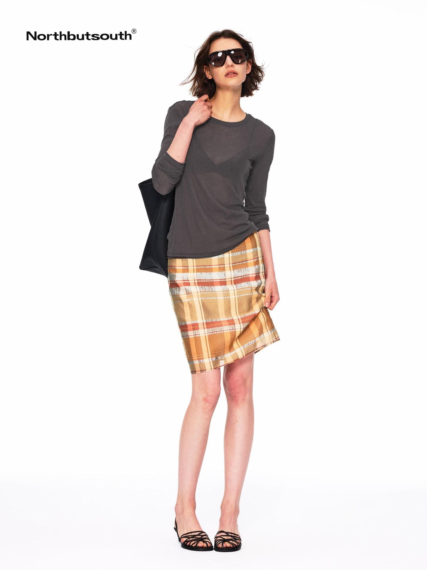 Northbutsouth Orange Plaid No Waistband H Line Cotton Silk Blend Women&