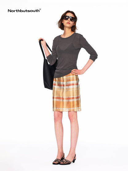 Northbutsouth Orange Plaid No Waistband H Line Cotton Silk Blend Women&